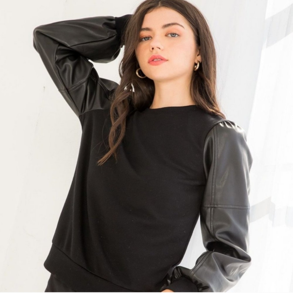 Anthropologie THML Vegan Leather Puff Sleeve Black Sweater Womens XS Whimsigoth